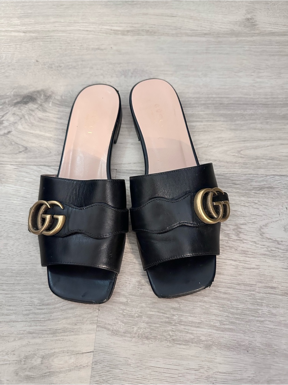 Gucci Black Leather Slide Mules with Gold Double G
